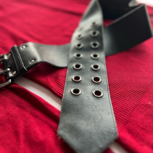 VTG 80s belt 35” black leather double loop silver big buckle waist - Picture 9 of 12